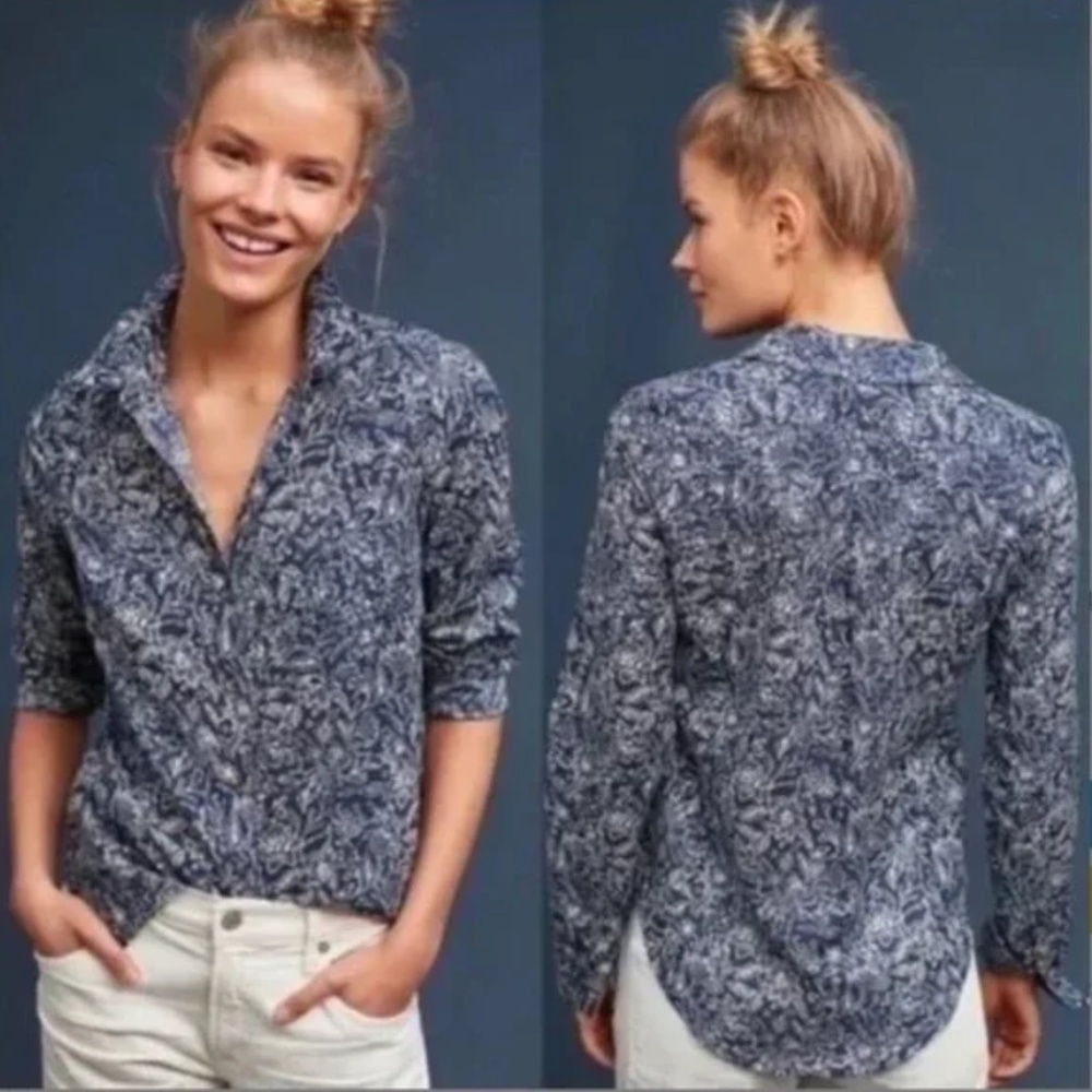 Anthropologie Maeve Petrin Floral Shirt Button-Down Blue and White Shirt Size 4